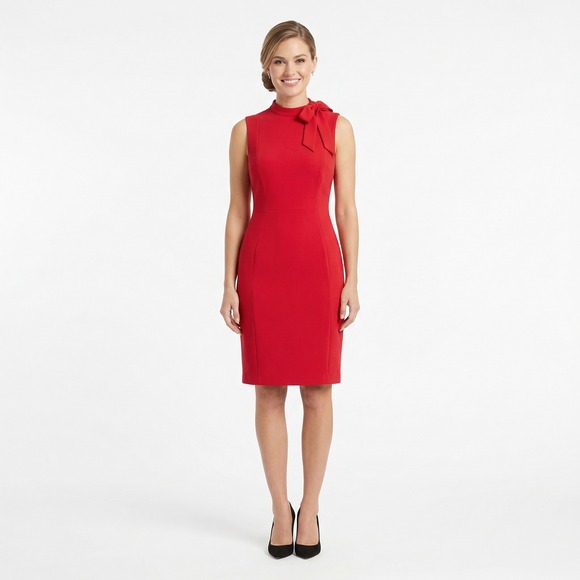 Calvin Klein Dresses & Skirts - Calvin Klein Womens Red Mock Neck Bow Sheath Dress Office Siren Gold Zipper 12